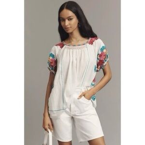 Anthropologie NWT Embroidered Tunic Top with Colorful Neck Trim